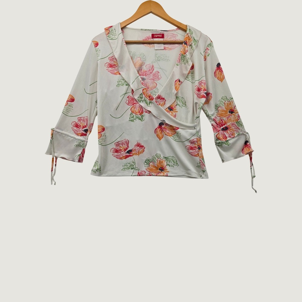 Vintage Esprit Floral Wrap Top L White Pink Orange Poppy Ruffle V-Neck Y2K Boho